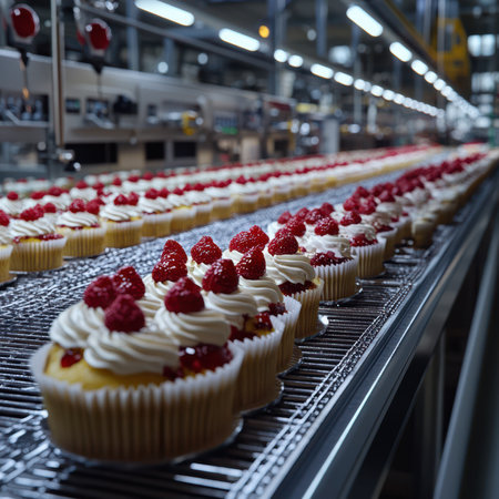 A long line of raspberry cupcakes moves along a conveyor belt in a bakeryの素材