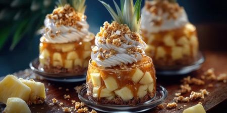 Delicious layered dessert with caramel, pineapple, and whipped cream topped with crunchy nuts at a cozy cafeの素材
