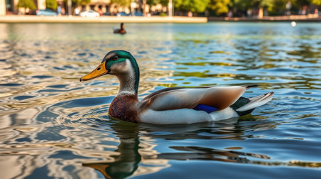 Mallard duck swimming gracefully in a tranquil pond during a sunny dayの素材