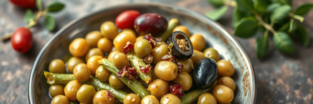 Colorful mixed olives and beans served in a rustic bowl on a wooden tableの素材