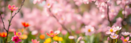 Vibrant flower garden in full bloom during a sunny spring afternoon at a local parkの素材