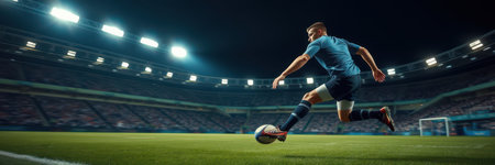 Soccer player kicks ball during a night match in a packed stadium with bright lights illuminating the fieldの素材