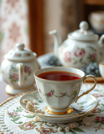 Delicate tea set with floral design on a wooden table during afternoon teaの素材