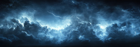 A dramatic thunderstorm rages in the sky, with flashes of lightning illuminating the dark, brooding cloudsの素材