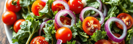 Fresh salad with cherry tomatoes and red onions presented on a wooden table in a bright kitchenの素材