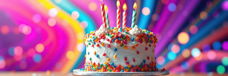 Colorful birthday cake with candles and sprinkles against a vibrant background during a celebrationの素材