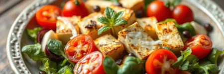Delicious salad featuring grilled tofu, fresh cherry tomatoes, and vibrant greens served on a rustic plateの素材