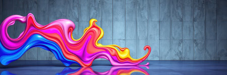 Colorful abstract wave sculpture in a modern interior setting with a polished surfaceの素材