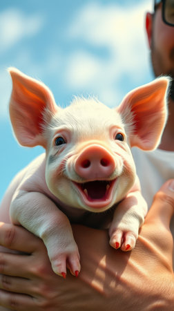A piglet smiles broadly as it is held by a person in the sunの素材