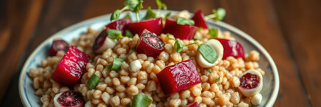 Colorful salad with grains, radishes, and fresh herbs served in a rustic bowl on a wooden tableの素材