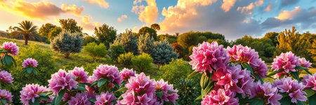 A breathtaking sunset casts a warm glow on a vibrant garden filled with blooming pink rhododendronsの素材