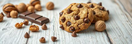 Delicious chocolate chip cookies with nuts and chocolate pieces arranged on a rustic wooden surfaceの素材