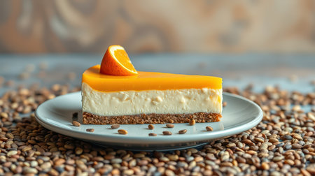 Delicious slice of orange cheesecake served on a plate with coffee beans scattered aroundの素材