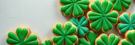 Delicious green clover-shaped cookies on a light background showcase festive baking for St. Patricks Day celebrationの素材