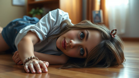 A young woman lies on a wooden floor, her blue eyes gazing intently at the cameraの素材