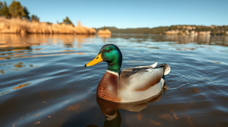 Mallard duck swimming peacefully in a serene lake surrounded by lush greenery during a clear sunny dayの素材