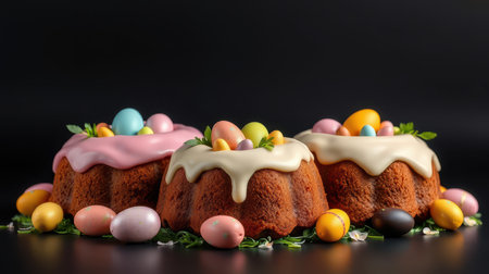 Celebrate spring with colorful easter cakes adorned with vibrant eggs on a dark backgroundの素材