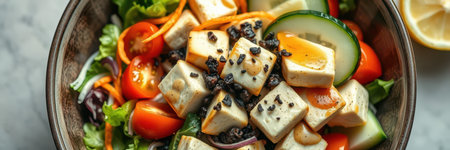 Fresh vegetable salad with tofu and dressing served in a rustic bowl on a marble countertopの素材