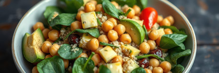 Fresh spinach and chickpea salad with apple, cherry tomato, and herbs served in a bowlの素材