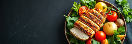Grilled chicken served with fresh vegetables and herbs on a rustic plateの素材