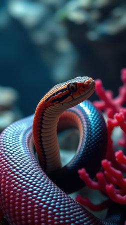 Colorful snake coiled among vibrant corals in a marine environment during daylightの素材