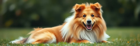 A long-haired, sable Shetland Sheepdog lies contentedly in the grassの素材