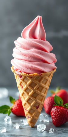 Delicious strawberry soft serve ice cream in a waffle cone with fresh strawberries nearbyの素材