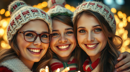 Three women smile brightly while standing in front of Christmas lightsの素材