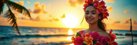 A woman smiles while wearing a flower crown on a tropical beach during sunsetの素材
