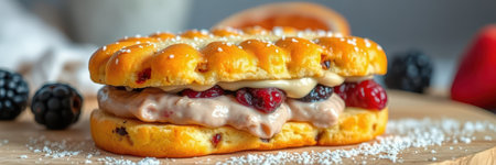 Delicious dessert featuring a layered treat with berries and creamy filling on a wooden tableの素材