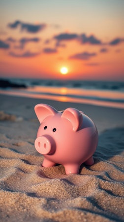 Piggy bank on the beach at sunset reflecting on saving money and financial planningの素材