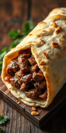 Savory meat wrap with spices and herbs served on a wooden board in a rustic settingの素材