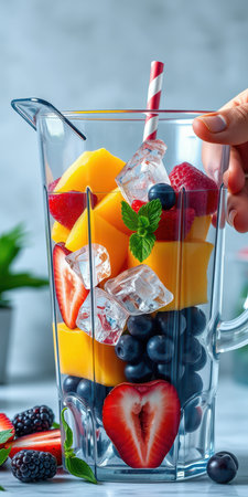 Fresh fruit blend prepared in a clear blender with ice cubes and mint leaves at a bright kitchen countertopの素材