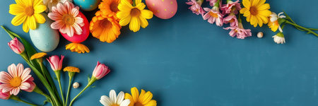 Colorful spring flowers and decorated eggs create a cheerful Easter celebration on a vibrant blue backgroundの素材