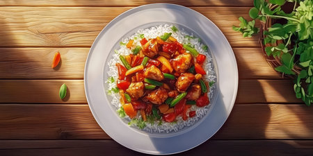 Delicious chicken stir-fry served over fragrant jasmine rice with colorful vegetables on a wooden tableの素材