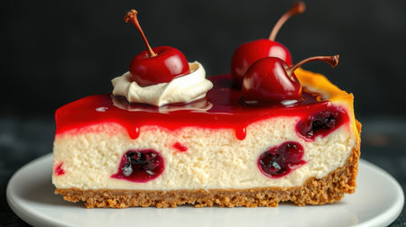 Delicious cherry cheesecake with a creamy layer and vibrant red topping on a white plateの素材