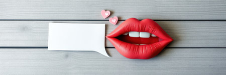 A large, red, sculpted mouth with white teeth is positioned next to a white speech bubble on a gray wooden backgroundの素材