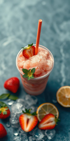 Refreshing strawberry lemonade slush served in a clear cup with ice and fruit on a blue countertopの素材