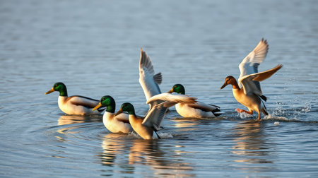 Ducks swimming in calm water at sunset creating ripples and a peaceful atmosphereの素材