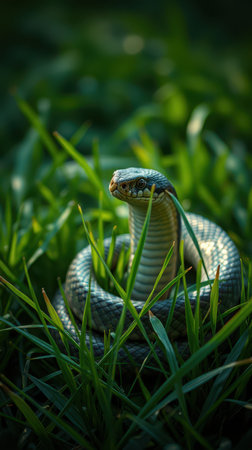 Green snake resting in lush grass during late afternoon light in a tranquil garden settingの素材
