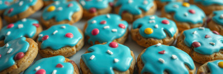 Colorful cookies with blue icing and sprinkles arranged neatly on a table ready for a festive celebrationの素材