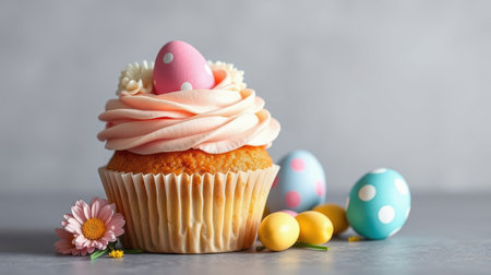 Decorative Easter cupcake with pastel colors and colorful eggs on a gray backgroundの素材