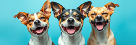 Three small dogs, each with unique coloring, sit side-by-side, displaying wide, joyful grinsの素材