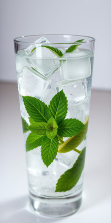 Refreshing mint beverage served with ice in a tall glass on a bright surfaceの素材