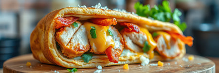 Deliciously prepared chicken wrap with cheese and bacon topped with fresh herbs in a vibrant kitchen settingの素材