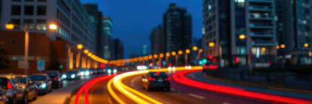 Cars drive on a city street at night, with their taillights creating long streaks of lightの素材