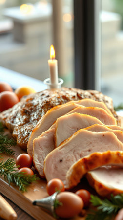 A roasted turkey is sliced and served on a wooden board with a lit candle and Christmas greensの素材