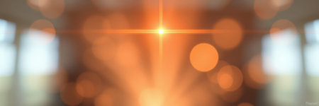 Bright and warm sunlight filtering through windows at dawn creating a captivating glow in a serene indoor spaceの素材