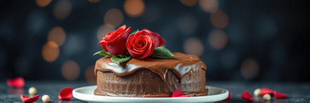 Chocolate cake decorated with red roses and petals on a dark, blurred background during a romantic celebrationの素材