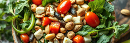 Fresh salad with cherry tomatoes, nuts, and greens presented in a rustic bowlの素材